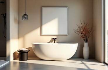 Bright bathroom interior large, modern bathtub, shower. Sunlight streams through window casting shadows on light beige walls, concrete floor. Black stool beside tub, vase with dried plants in corner