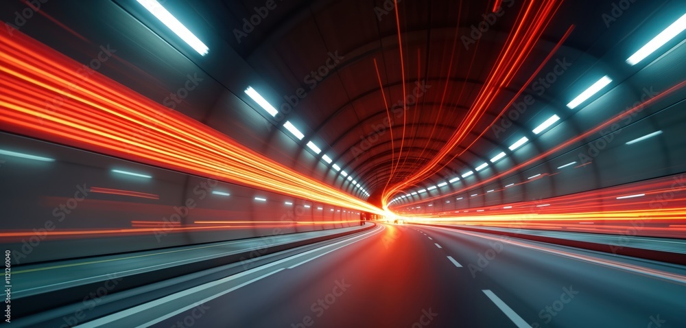 Poster Dynamic abstract image of tunnel. Fast moving lights create streaks of vibrant colors. Night scene inside tunnel. Modern, futuristic look. Urban road in tunnel. Motion blur effect from fast speed.