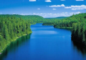 Fototapeta premium Serene Blue Lake Surrounded by Lush Green Forest Under a Bright Cloudy Sky, a Perfect Nature Escape for Outdoor Enthusiasts and Tranquil Moments