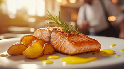 A beautifully plated dish of grilled salmon served with roasted potatoes, elegantly garnished with fresh rosemary, bathed in warm lighting, exuding culinary delight.