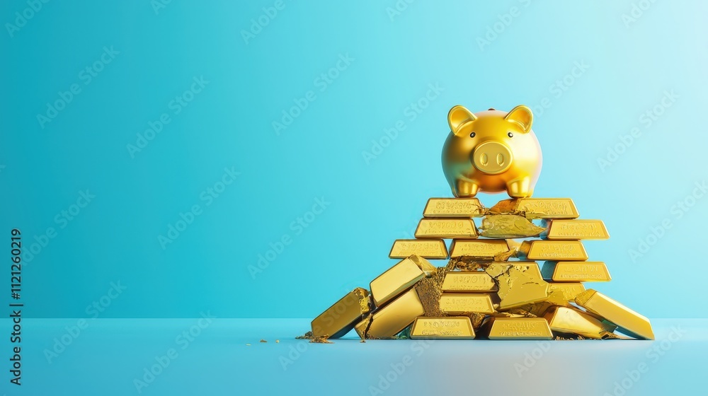 Poster a stack of gold bars casting a shadow on a broken piggy bank.
