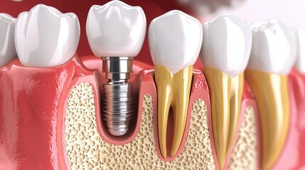 Dental implant model with gum and teeth cross-section anatomy