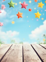 empty wooden table on pastel blue sky background and colorful stars for kids.