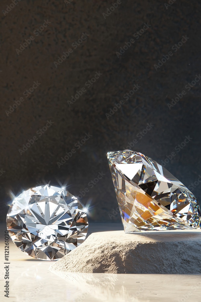 Poster a sparkling diamond on display next to a dusty gemstone.