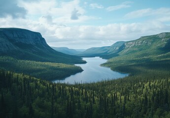 Serene Landscape View of a Calm Lake Surrounded by Lush Green Forests and Majestic Mountains Under a Blue Sky with Wispy Clouds