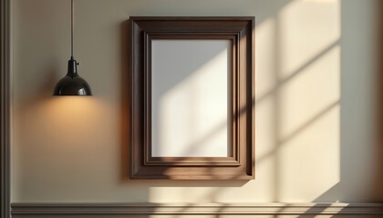 Empty dark wooden picture frame hangs on a beige wall. Sunlight casts shadows. Interior design, home decor, art, photo frame, wall decor, empty frame, interior design, image frame.