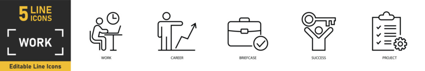 Fototapeta premium Work line icon set. Set of 5 outline icons related to work, career, briefcase, success, project and more. Vector illustration.