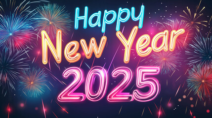 Energetic 'Happy New Year 2025' with Neon Lights and Fireworks