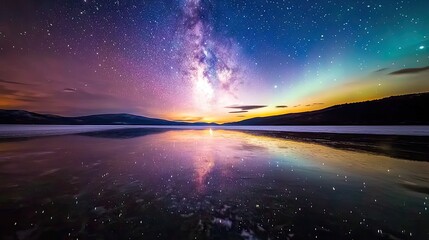 Obraz premium Stunning Night Sky with Milky Way and Aurora Over Serene Lake at Twilight