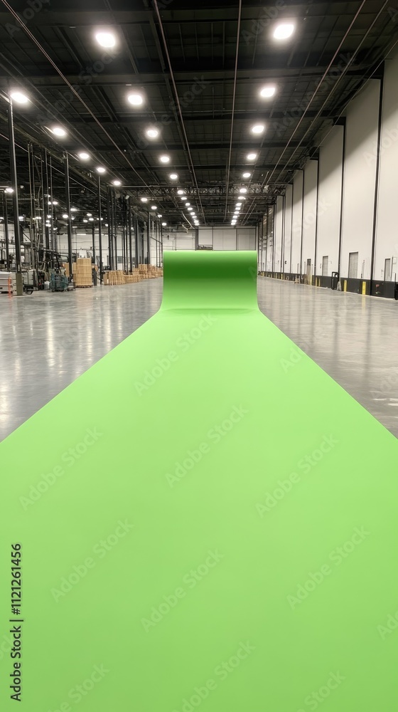 Poster expansive view of a bright green backdrop in an empty warehouse space for creative media and photogr