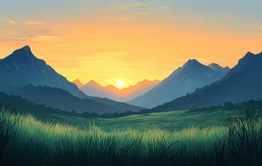 Obraz premium Serene Mountain Landscape at Sunrise with Lush Green Grass and Majestic Peaks Illuminated by Warm Golden Light Over the Horizon