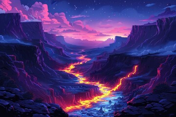 Lava River Flows Through A Vibrant Canyon Underneath A Starry Sky