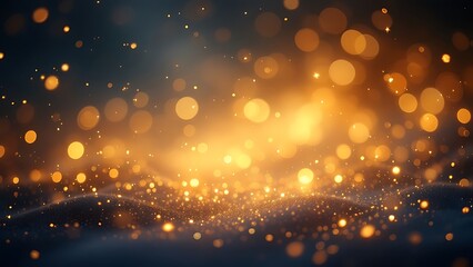 Obraz premium Sparkling bokeh lights, golden glitter background, dreamy texture with soft glow, festive atmosphere, blurred effect, ideal for celebrations and special occasions, orange and yellow hues