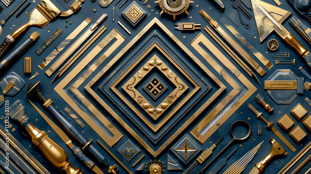 Poster intricate arrangement of golden tools and geometric patterns on a dark surface