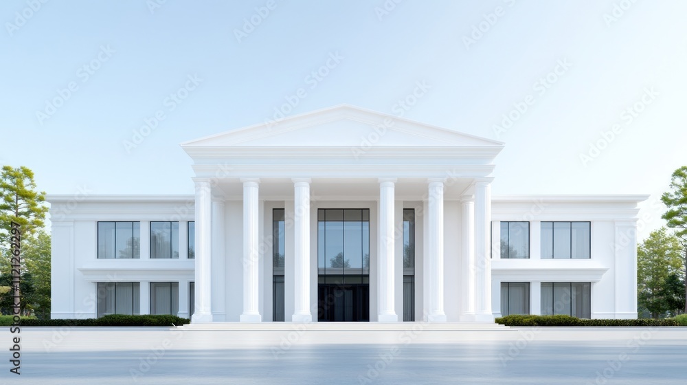 Poster modern white building with columns and large windows.
