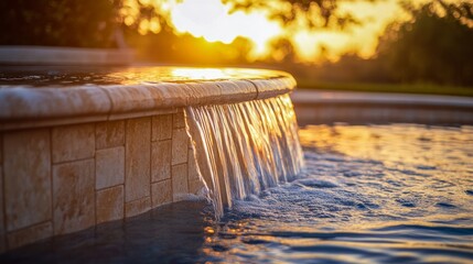 A tranquil poolside with water cascading gently over a stone ledge, set against a stunning sunset backdrop, creating a soothing and luxurious retreat atmosphere.