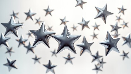 Fototapeta premium Many chrome stars fly in space on white background. Stylish 3d shapes look modern. Stars glossy surface, shiny effect. Digital illustration style. Cyberpunk tech design. Perfect for graphic design