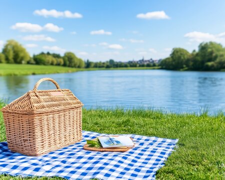 Lakeside Picnic: A wicker picnic basket sits invitingly on a blue and white checkered blanket by a tranquil lake, promising a relaxing escape. 