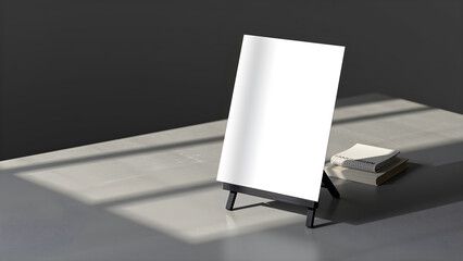 Blank easel mockup in a minimalist interior with soft shadows, copy space for design