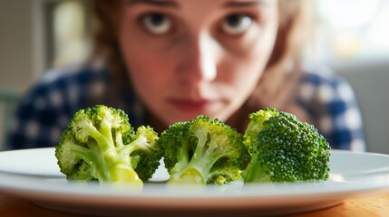 A woman stares intently at a white plate holding three broccoli florets, emphasizing the importance of healthy eating and personal determination in lifestyle choices.