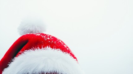 A classic red Santa hat with white trim is positioned against a simple snowy white background,...