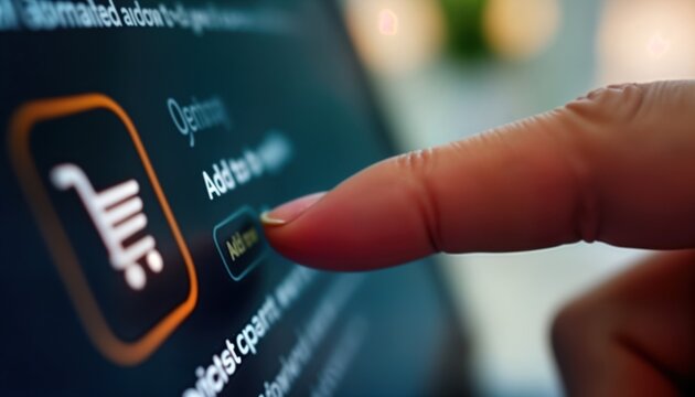 Close-up view of finger hovering over add to cart button on blurred webpage. Online shopper about to make purchase. Digital transaction concept. Modern e-commerce. Convenience of online shopping.