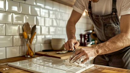 Obraz premium Creative tile installation in a modern kitchen with a focus on craftsmanship