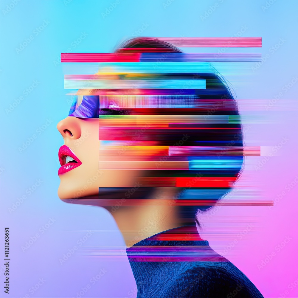 Poster abstract portrait with dynamic colors and glitch effect on a stylish female model against a soft col