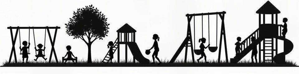 Children play actively in playground. Kids swing, slide. Fun outdoor activities. Happy children in park. Silhouettes show playful moments. Recreation in park setting. Playful children. Energetic