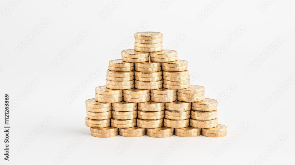 Poster stacked coins on white background creating a pyramid shape representing wealth and financial growth 