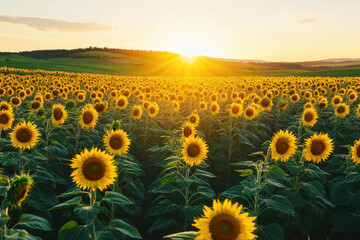 Bright sunflower field at sunset, showcasing vibrant yellow blooms and a serene landscape. The setting sun casts a golden glow over the tranquil rural scene.