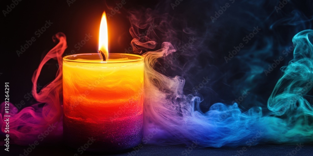 Poster vibrant candle illuminating dark space with colorful smoke swirling around in an enchanting display 