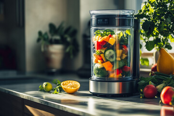 Close-up of a silver high-speed blender filled with fresh produce on a sunlit kitchen counter. Perfect for promoting healthy recipes and modern kitchen technology.