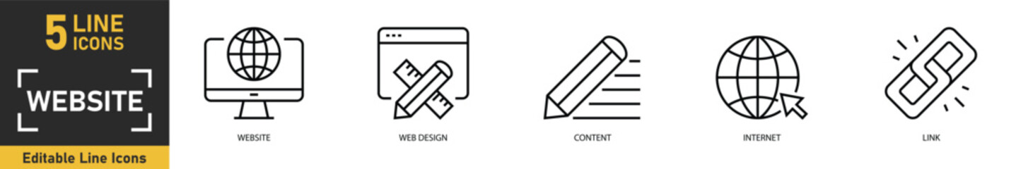 Fototapeta premium Website line icon set. Set of 5 outline icons related to website, web design, content, internet, link and more. Vector illustration.