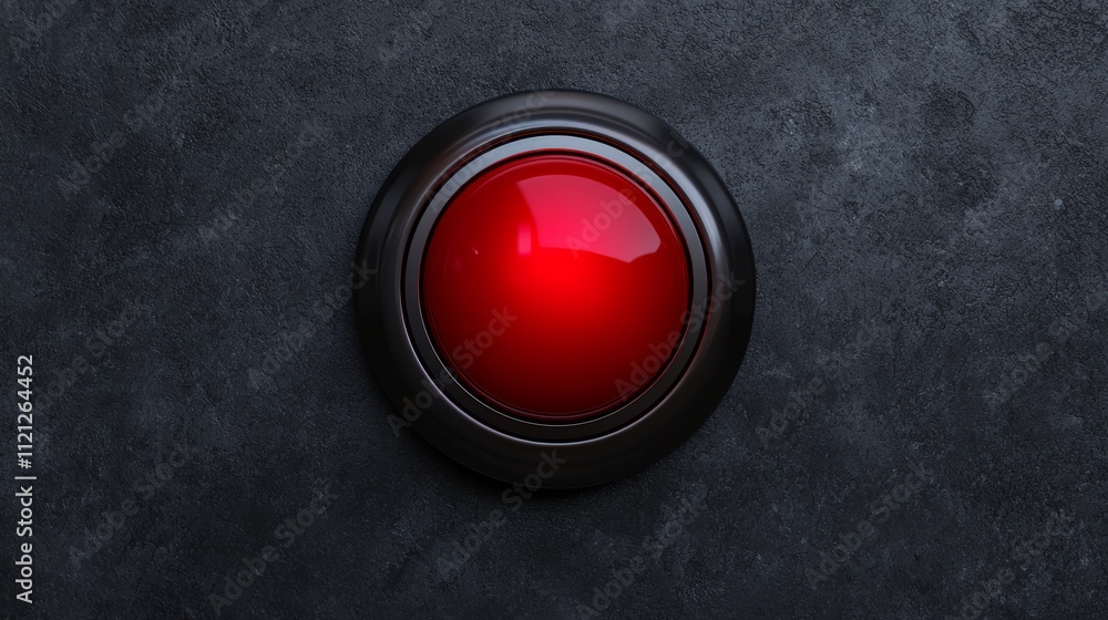 Poster a glossy red button on a dark surface, suggesting urgency or a command, often associated with alarm 