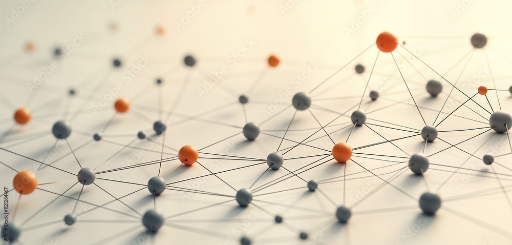 Poster abstract network illustration. grey, orange spheres connect via thin lines. complex interwoven nodes