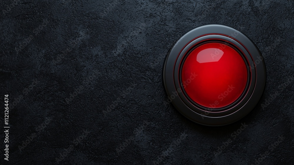 Poster a glossy red button on a dark surface, suggesting urgency or a command, often associated with alarm 