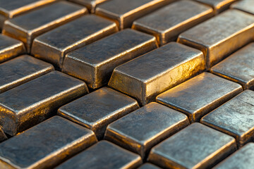 Palladium bars or ingots are arranged on a reflective surface, showcasing the precious metal with a polished and shiny appearance, symbolising luxury, investment, and the precious metal industry.