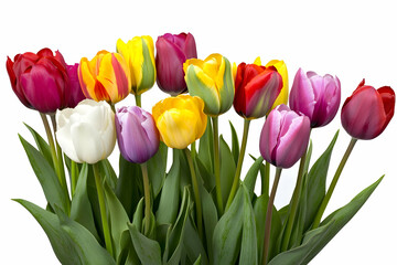 Naklejka premium A vibrant bouquet of tulips in various colors, symbolizing beauty and nature.