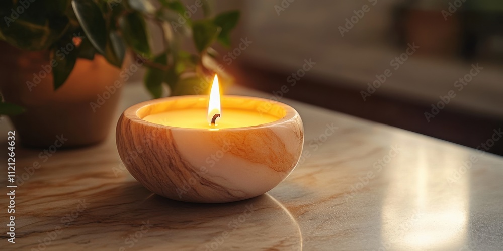 Poster warm glow of a candle illuminating a serene space with natural stone and soft greenery in a tranquil