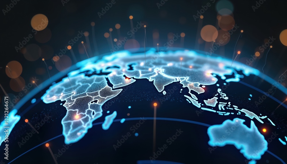 Aufkleber Digital globe displays global network connectivity. Glowing data transfer lines connect various countries. Futuristic tech concept illustration. Global communication, cyber tech emphasized.