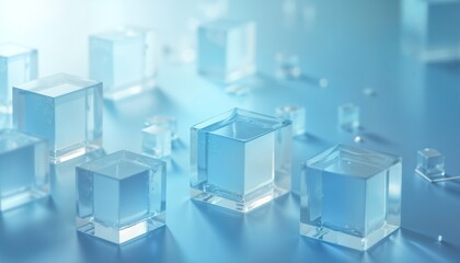 Abstract icy blue geometric shapes form elegant pattern. Translucent cubes, prisms with gradient effect in minimalist design. Tech-inspired backdrop ideal for wallpaper background. Semitransparent
