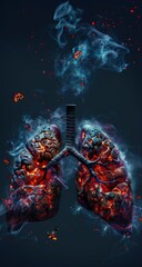 Fototapeta premium Burning lungs with smoke and embers on black background. Anti-smoking campaign concept