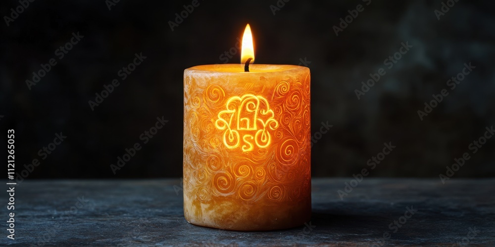 Poster illuminated candle casting warm light and intricate patterns in a tranquil setting