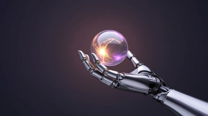 A robotic hand holding a glowing orb with electric energy.