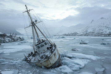 Obraz premium Abandoned shipwreck in icy waters of a remote landscape
