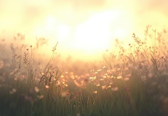 Soft Golden Sunrise Shining Through Delicate Wildflowers in a Serene Meadow Landscape Reflecting Nature's Tranquil Beauty and Morning Light