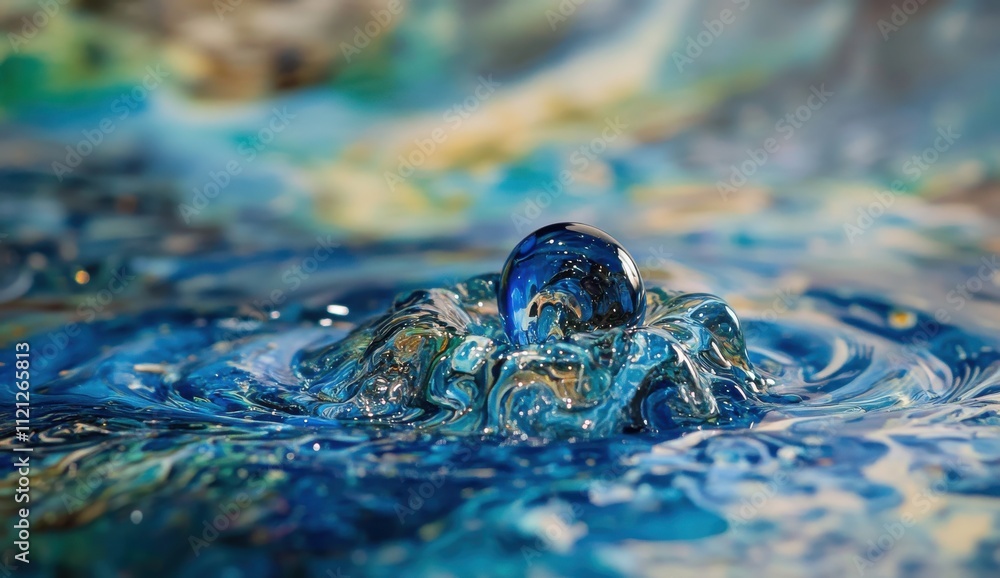 Poster stunning close-up of water droplet creating ripples on abstract colorful surface with swirling blue 