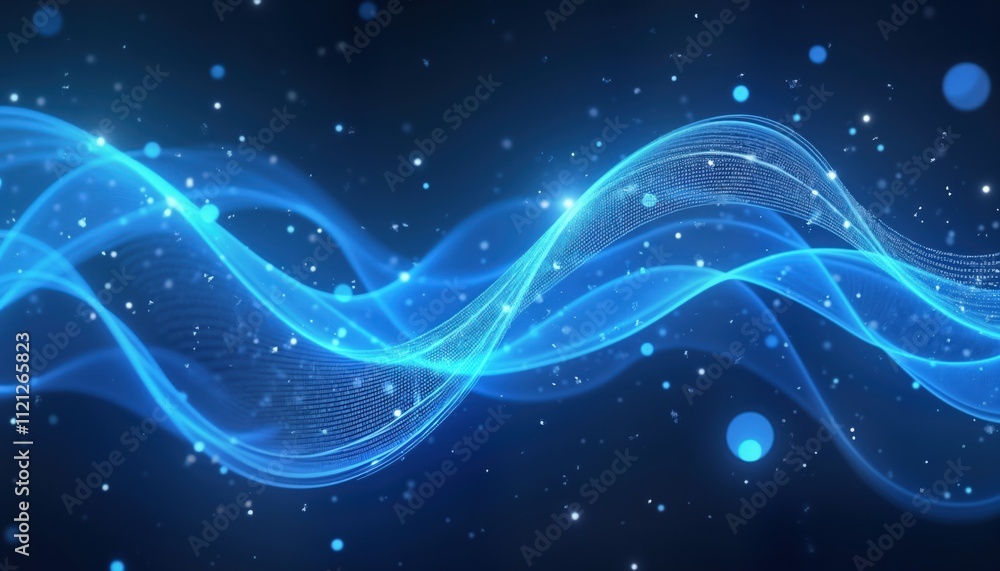 Poster Abstract illustration of luminous blue wavy lines swirling in motion. Dynamic glowing lines form swirling pattern with neon glow. Illustration contains particles, highlights creating effect of speed,