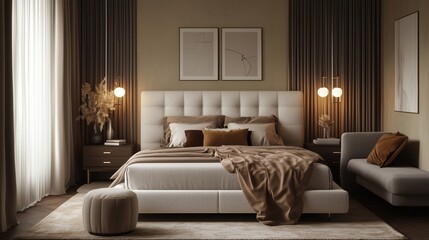 Cozy modern bedroom featuring a plush bed, soft textiles, and elegant lighting that creates a warm, inviting atmosphere.